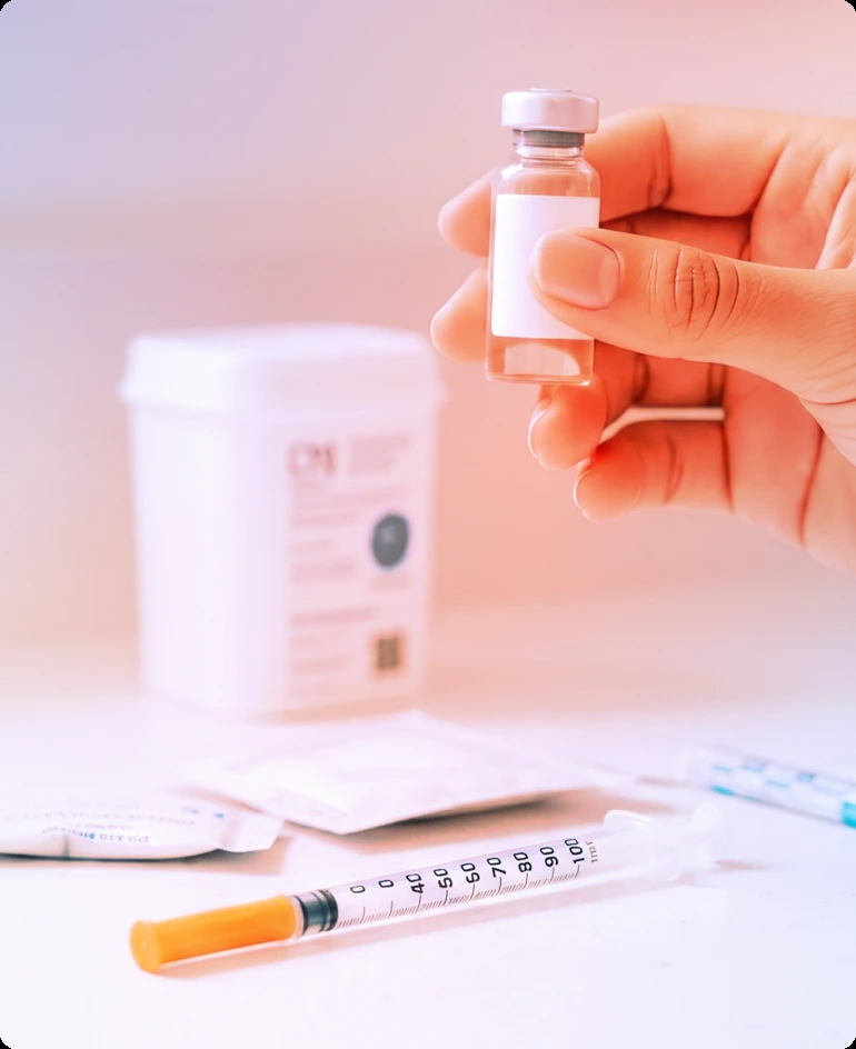 Hand holding a compounded medication vial with injection kit
